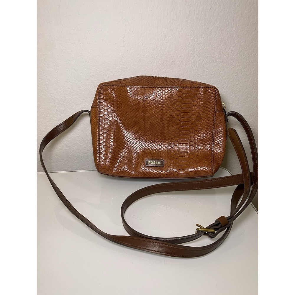 Fossil Croc Leather Effect Messenger Bag Baked Clay Tan And Brown Crossbody - Picture 3 of 16